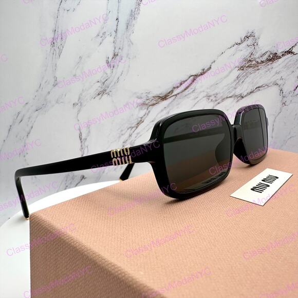 MIU MIU Sunglasses New Black Square Rectangle Acetate Gold Metal Logo Authentic main image 11